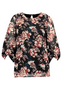 Kwiatowa bluzka z czarnym tłem i dużymi czerwonymi oraz białymi kwiatami. Przezroczysty materiał o luźnym kroju, okrągły dekolt i bufiaste rękawy.