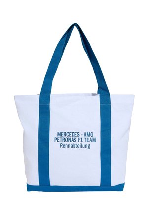 Borsa tote bianca con maniglie blu e bordo inferiore, con testo blu che recita Mercedes-AMG Petronas F1 Team Rennabteilung.