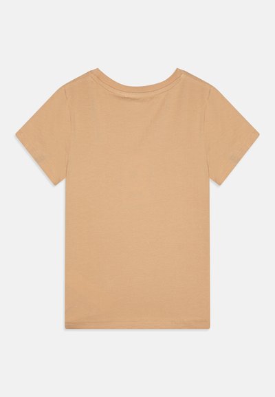 Short-sleeve t-shirt in light beige cotton, featuring a rounded neckline and clean stitching with a smooth, soft texture.
