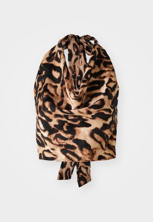 Schal mit Leopardenmuster, der eine leichte, seidige Textur und schwarz-beige Töne aufweist; am oberen Ende mit einer kleinen Schleife gebunden.