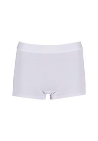 Bijele pamučne gaće bokserice s glatkom teksturom, širokim elastičnim pojasom i minimalističkim dizajnom. Nema uzoraka niti dodatnih ukrasa.