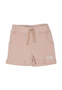 Vaaleanpunaiset puuvillashortsit, joissa on teksturoitu raidallinen kuvio. Mallissa on kaksi sivutaskua ja nauhavyötärö. Edessä pieni merkkilogo.