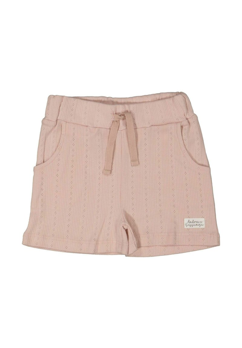 Vaaleanpunaiset puuvillashortsit, joissa on teksturoitu raidallinen kuvio. Mallissa on kaksi sivutaskua ja nauhavyötärö. Edessä pieni merkkilogo.