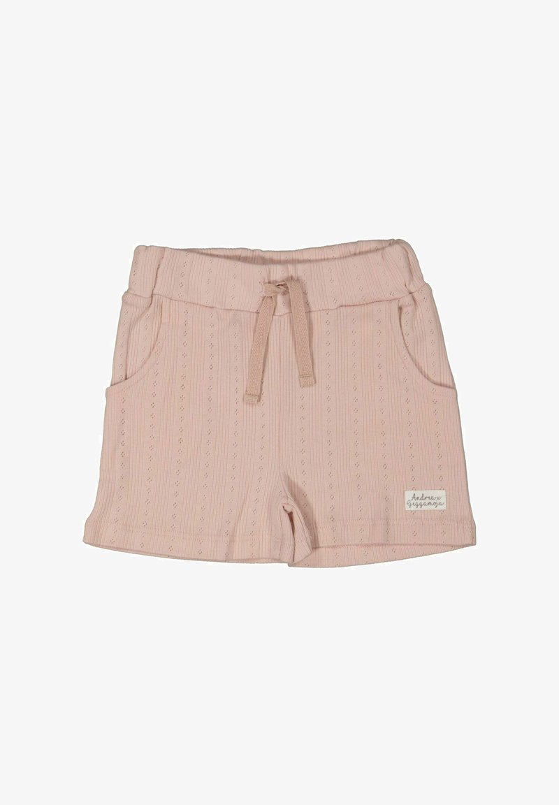 Vaaleanpunaiset puuvillashortsit, joissa on teksturoitu raidallinen kuvio. Mallissa on kaksi sivutaskua ja nauhavyötärö. Edessä pieni merkkilogo.