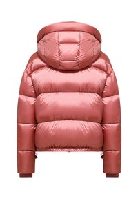 Roze pufferjack met een capuchon, doorgestikt ontwerp en elastische manchetten. Het materiaal heeft een glanzende afwerking met een strakke tailleband.