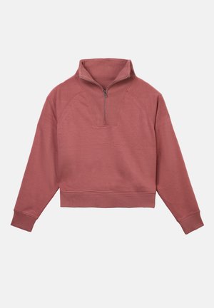 Sweatshirt em rosa empoeirado, com colarinho de fecho de quarto, mangas raglan e bainha e punhos canelados. Feito de tecido texturizado.
