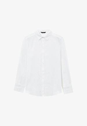 White long-sleeve shirt made of cotton, featuring a button-down front, pointed collar, and single-button cuff detailing.