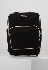 Black backpack made of fabric, featuring a front pocket with cream trim, dual side pockets, and the brand name "MELA" in white.