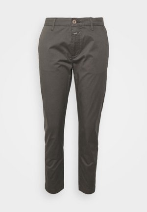 Slim-fit dark olive green pants with button and zipper closure, belt loops, and subtle front stitching detail.
