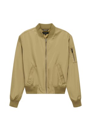 Hellbraune Bomberjacke mit Reißverschluss vorne, gerippten Bündchen und Saum, zwei Fronttaschen und einer Reißverschlusstasche am linken Ärmel.