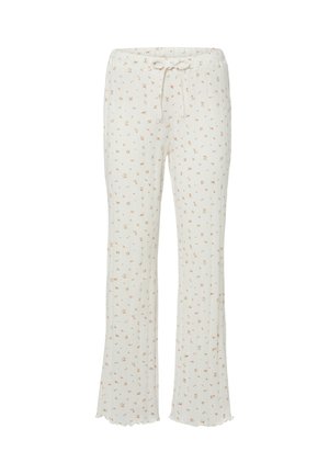 White lounge pants with small pink and orange floral print, elastic waistband with drawstring, and flared scalloped hems.