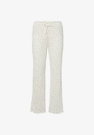 Białe spodnie typu lounge z drobnym różowo-pomarańczowym kwiatowym wzorem, elastyczną talią ze sznurkiem i rozkloszowanymi, falistymi mankietami.