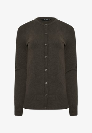 Cardigan en tricot à manches longues de couleur marron foncé avec un col rond et sept boutons à l'avant, poignets et ourlet côtelés.