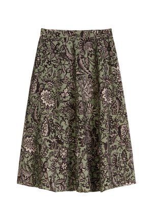 Gonna verde fino al ginocchio con motivi floreali e foglie nere e beige, caratterizzata da pieghe per una silhouette svasata.