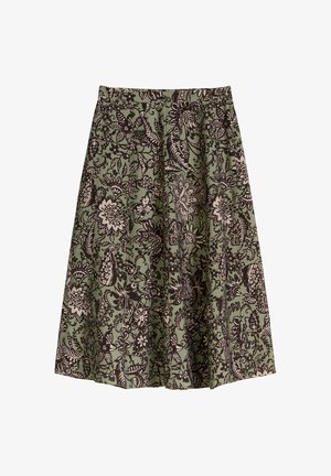 Groene rok tot op de knie met zwarte en beige bloemen- en bladmotieven, voorzien van plooien voor een uitlopende silhouet.