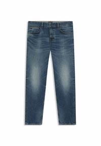 Jeans in denim blu con un design a gamba dritta, caratterizzati da un lavaggio sbiadito, cuciture in rilievo, cinque tasche e chiusura classica con bottone e zip.