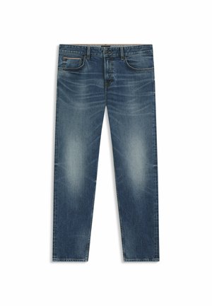 Blue denim jeans with a straight-leg design, featuring a faded wash, top-stitching, five pockets, and classic button and zipper closure.