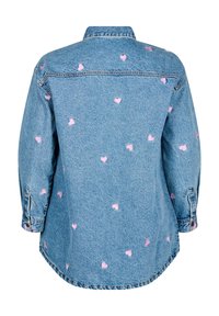 Denim särk, helesinine, kaunistatud väikeste roosade südametega. Omab pikki sleevesid, kraed ja kõverat serva.