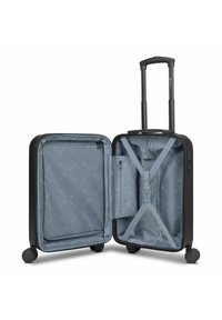 Maleta rígida negra con ruedas dobles, asa retráctil y un interior gris que incluye un bolsillo con cremallera y correas cruzadas para asegurar los objetos.