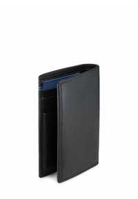 Portafoglio in pelle nera dal design elegante, con una finitura testurizzata, più scomparti per carte e una fodera blu di accento.