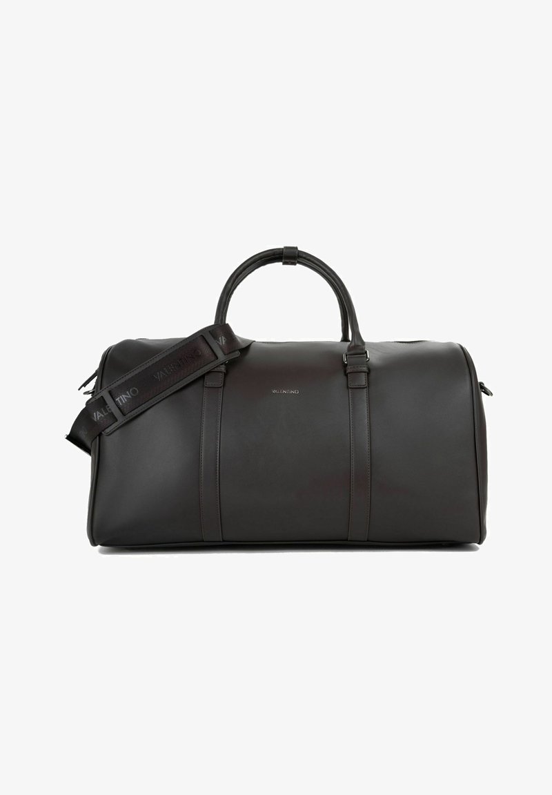 Sac de voyage en cuir noir avec double poignées et bandoulière amovible, embossé du logo "Valentino", design minimaliste.