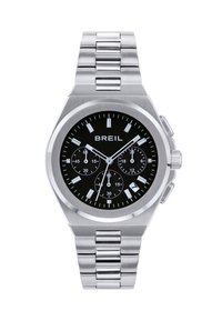 Montre en acier inoxydable argenté avec un cadran noir rond, des sous-cadrans chronographes, des index horaires blancs et une fenêtre de date. Le bracelet est constitué de maillons métalliques liés.