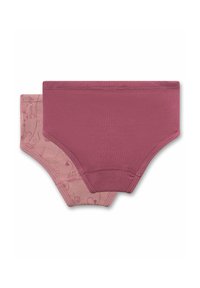 Due paia di mutande in cotone; una di un rosa scuro uniforme, l'altra di un rosa chiaro con un motivo floreale. Tessuto elasticizzato e vita elastica.