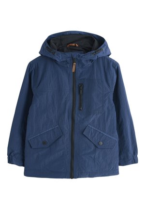 Blaue Kapuzenjacke mit Frontreißverschluss, Brustreißverschlusstasche, zwei mit Knöpfen verschließbaren Klappentaschen und elastischen Bündchen, dargestellt auf weißem Hintergrund.