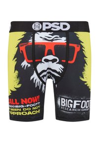 Boxers ornés d'un design noir et jaune, avec un grand graphique de Bigfoot portant des lunettes de soleil rouges et un texte en rouge et blanc dynamique. Tissu extensible.