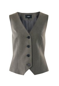 Väst i grårandig tyg, med djup V-ringning, fyra svarta knappar framtill och en figurnära silhuett.