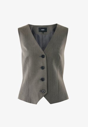 Weste aus grauem Nadelstreifenstoff, mit tiefem V-Ausschnitt, vier schwarzen Knöpfen vorne und einer taillierten Silhouette.
