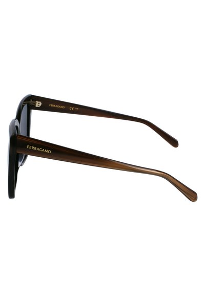 Occhiali da sole in acetato marrone con montatura ampia, dotati di aste affusolate e marchio "Ferragamo" inciso. Texture liscia con finitura lucida.