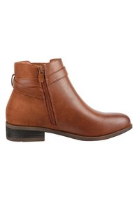 Stivaletti marroni realizzati in materiale sintetico liscio, con zip laterale e tacco piatto. Presentano un design cucito lungo la caviglia.