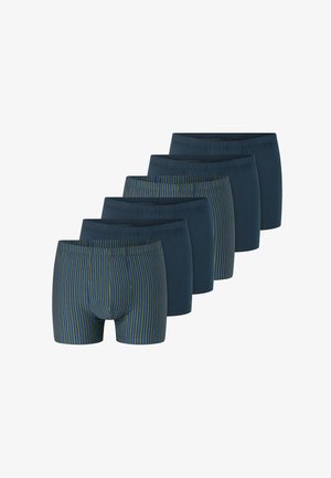 Zes paar herenslips in donkerblauw met een gestreept ontwerp, gemaakt van zacht materiaal, voorzien van een comfortabele elastische tailleband.