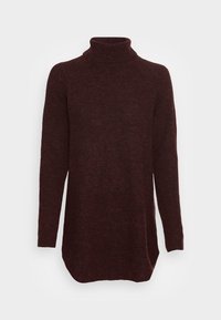 Jersey de cuello alto de punto burdeos con textura acanalada, mangas largas y un dobladillo ligeramente curvado, que ofrece un ajuste cómodo.