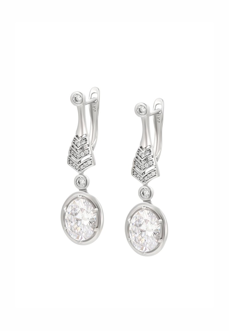 Orecchini a goccia in argento con cristalli ovali trasparenti, accentuati da cristalli tondi più piccoli e un design geometrico superiore. Finitura liscia e lucida.