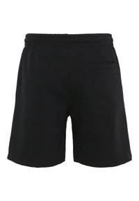 Sorte, uformelle shorts med elastisk midjebånd og en liten lomme på høyre side, vist fra baksiden på en hvit bakgrunn.