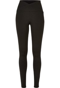 Svarta leggings med hög, korsad midja. Tillverkade i ett elastiskt, slätt tyg, har de en figurnära design utan synliga sömmar.