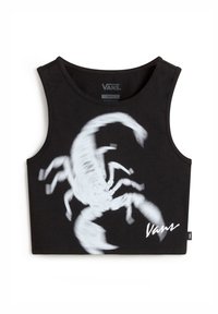 Top corto nero in cotone, con una grafica di uno scorpione bianco e il logo "Vans" nell'angolo inferiore. Collo a barca, senza maniche.