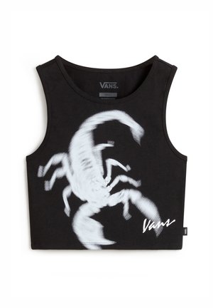 Top corto negro de algodón, con un gráfico de escorpión blanco y el logo "Vans" en la esquina inferior. Escote redondeado, sin mangas.