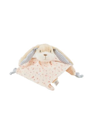 Plüschkaninchen-Spielzeug mit langen, schlaffen Ohren, einem beigefarbenen Gesicht und einer rosa Decke mit floralem Muster. Ohrenakzente mit blauen Streifen.