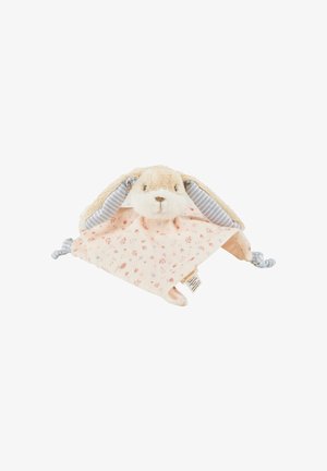 Plush toy coniglio morbido con lunghe orecchie flosce, un viso beige e una coperta rosa con motivi floreali. Accenti sulle orecchie a righe blu.