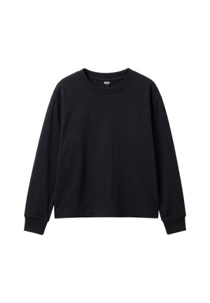 Sort crewneck-sweatshirt med lange ærmer, ribstrikkede manchetter og kant, vist på hvid baggrund.
