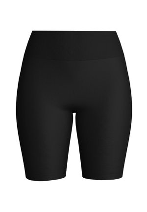 Black high-waisted, form-fitting biker shorts with a wide waistband, designed for active or casual wear.