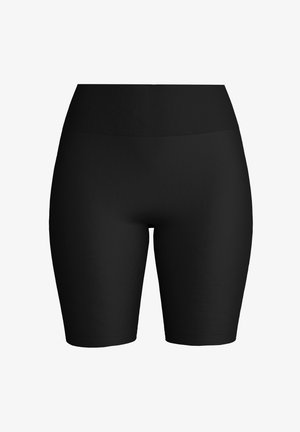 Black high-waisted, form-fitting biker shorts with a wide waistband, designed for active or casual wear.