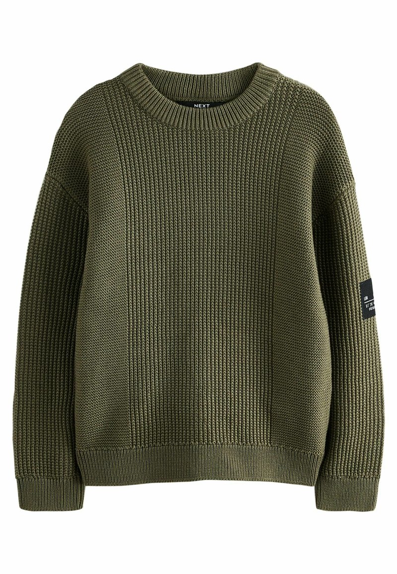 Pull en tricot côtelé vert avec un col rond, des motifs texturés et des poignets ajustés. Doté d'une étiquette latérale avec le nom de la marque sur la manche.