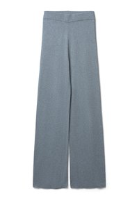 Pantalons larges en tissu gris clair et doux avec une texture lisse. Présente une taille côtelée et des jambes droites et fluides.