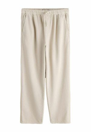 Light beige casual pants with elastic waistband and drawstring, straight legs, and side pockets, displayed on white background.