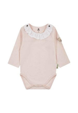 Light pink long-sleeve bodysuit with a white ruffled collar, snap buttons on shoulders, and a bear patch on the left sleeve. Soft cotton fabric.