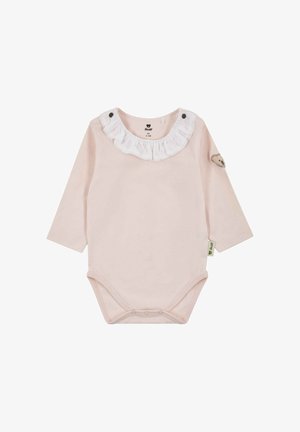 Light pink long-sleeve bodysuit with a white ruffled collar, snap buttons on shoulders, and a bear patch on the left sleeve. Soft cotton fabric.